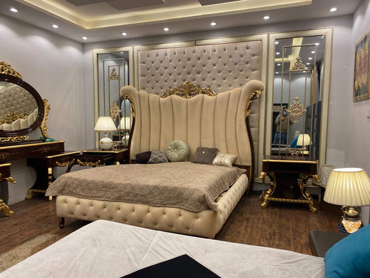 Luxurious King-Size Upholstered Bed Set with Ornate Mirror and Nightstands