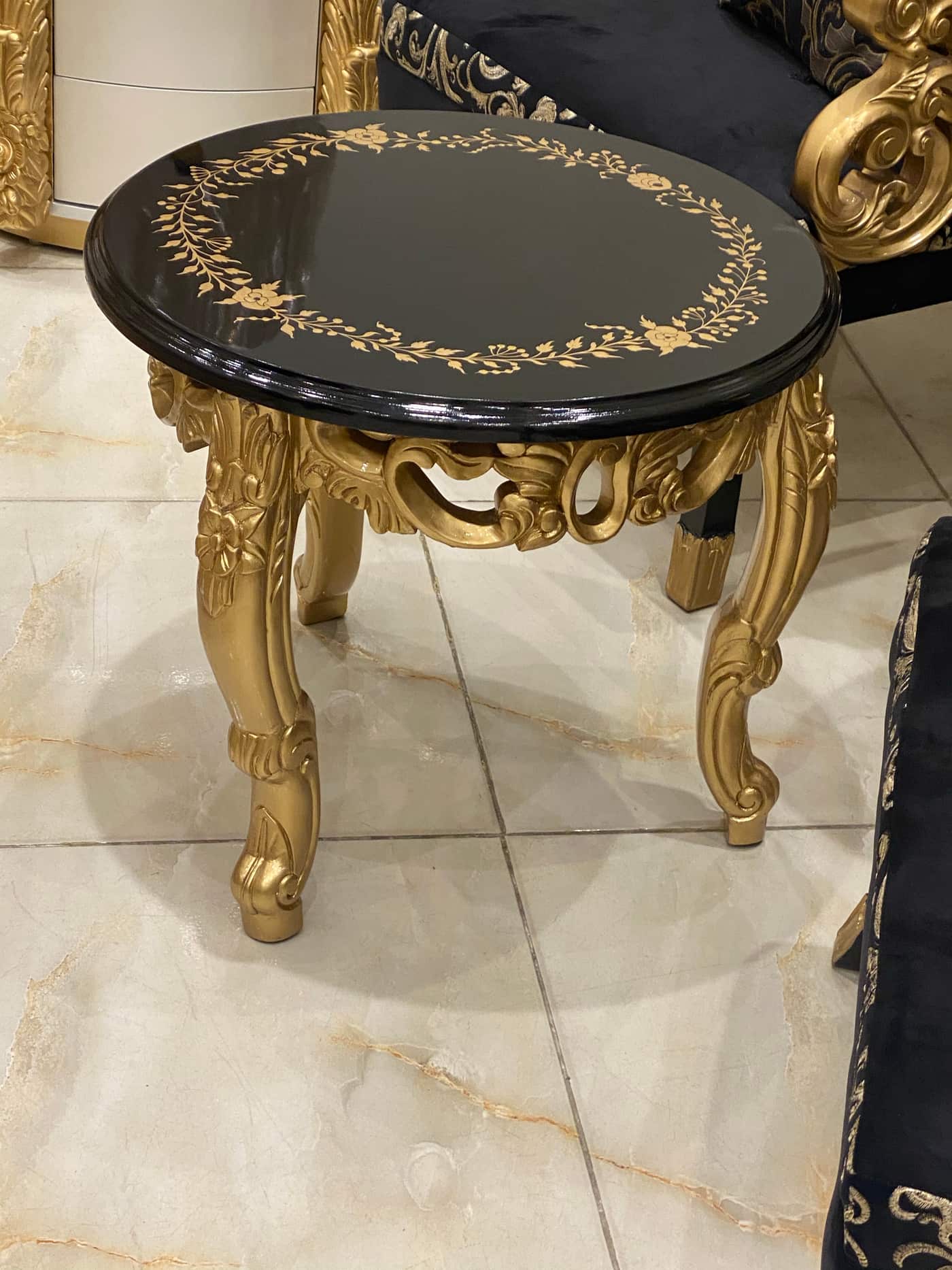 Luxurious King-Size Upholstered Bed Set with Ornate Mirror and Nightstands