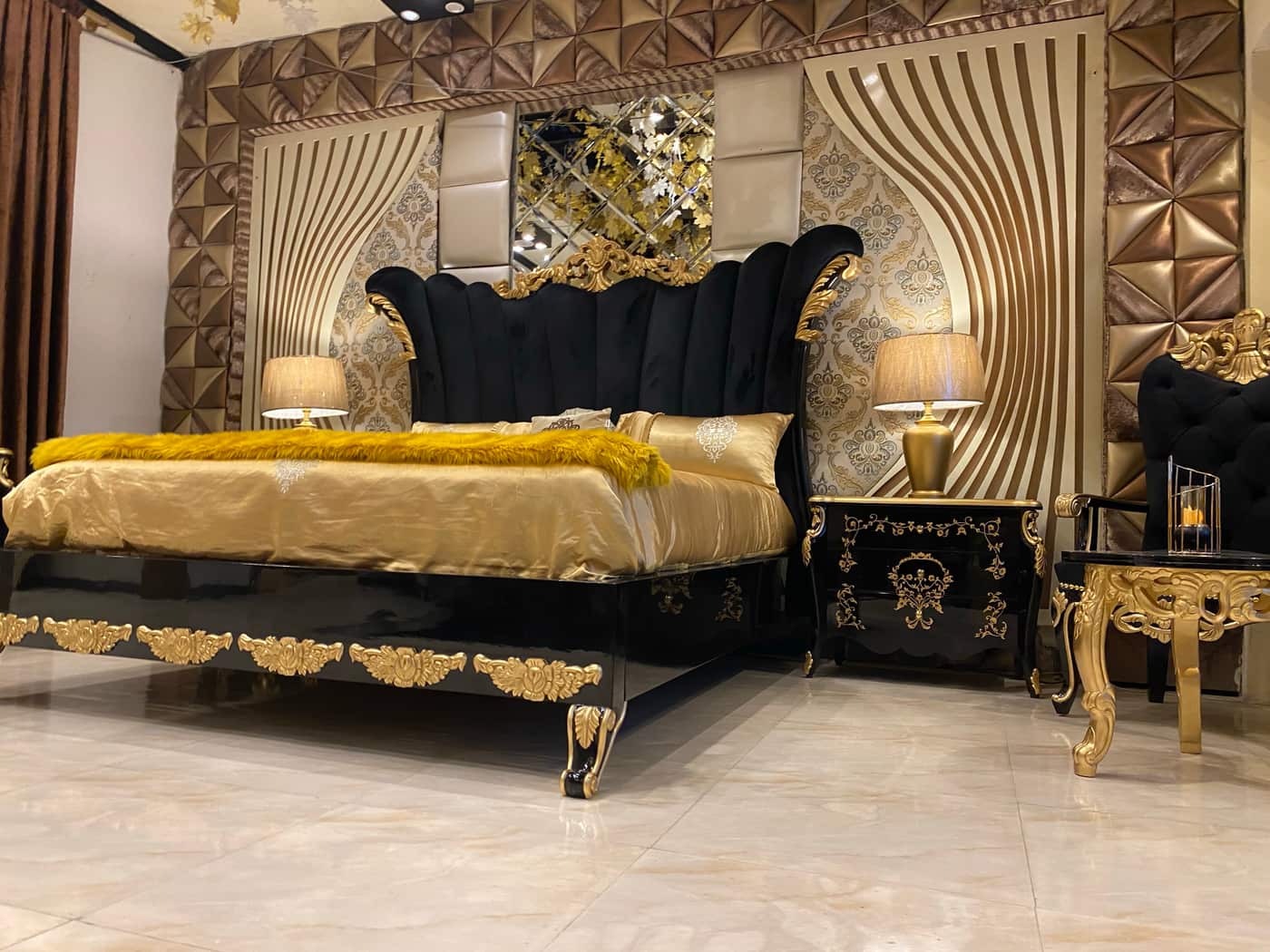 Avlion Black and Gold Upholstered Bed Set