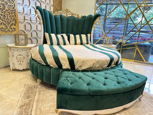 Luxurious Emerald Green Velvet Bed with Elegant Curved Headboard