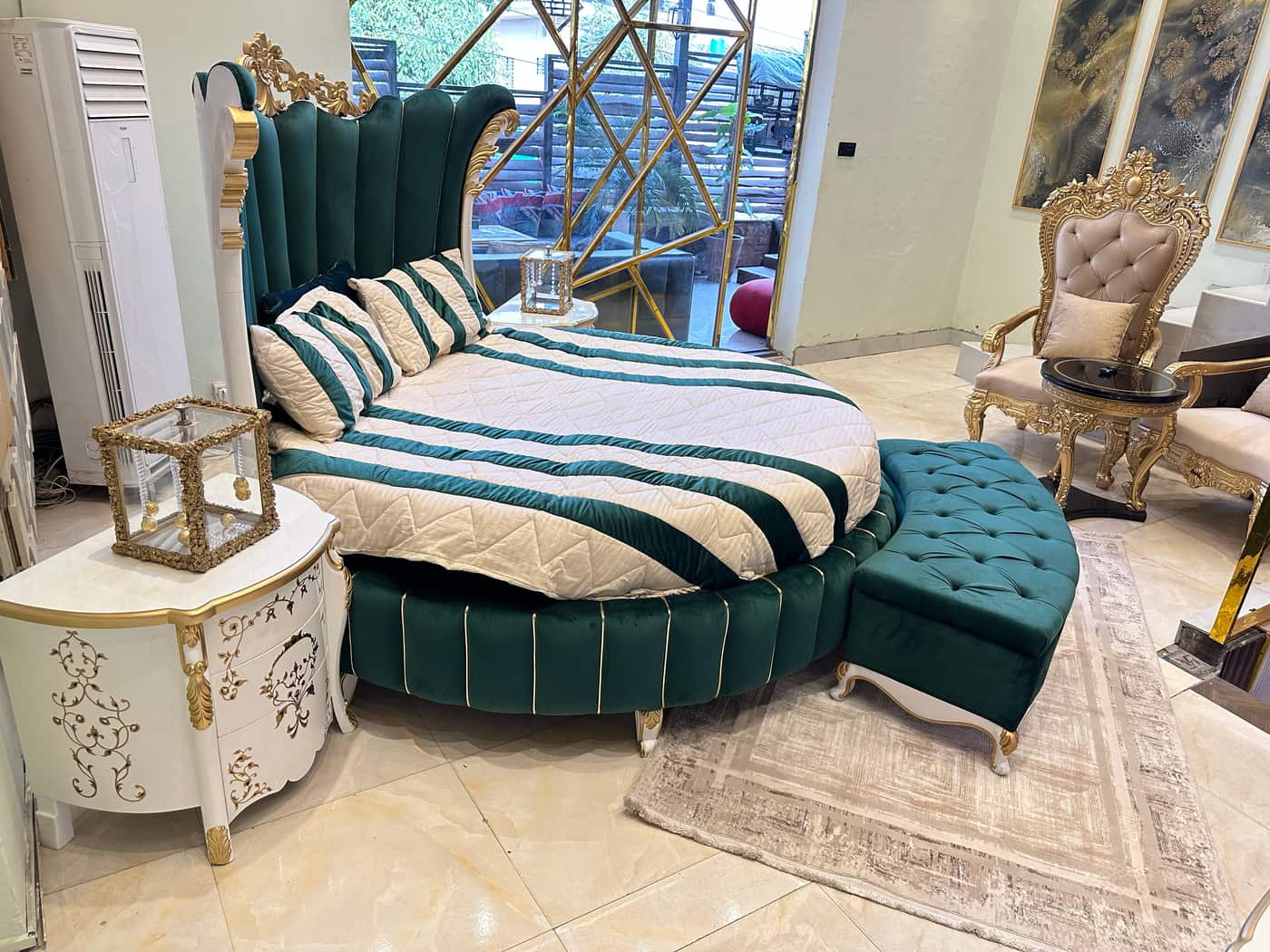 Luxurious Emerald Green Velvet Bed with Elegant Curved Headboard