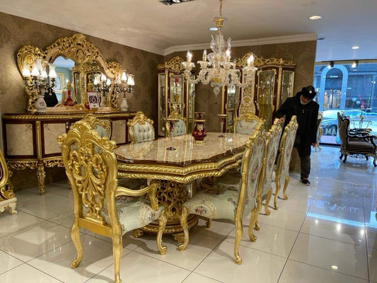 Luxurious Golden Dining Set with Crystal Chandelier