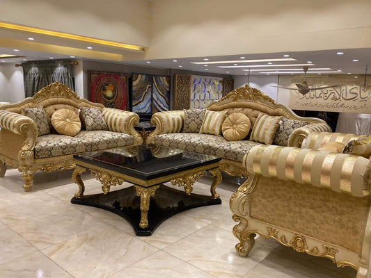 Luxurious Gold & Cream Upholstered Sofa Set with Coffee Table