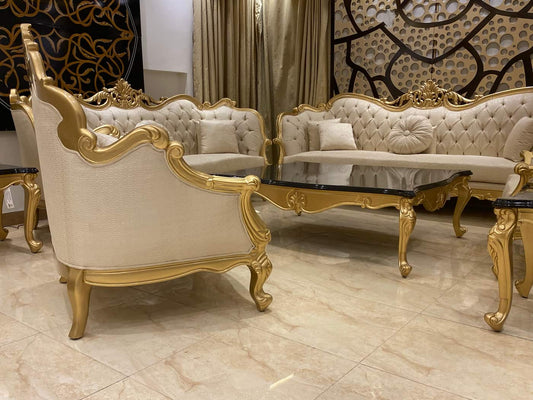 Elegant Gold and Cream Sofa Set with Coffee Table
