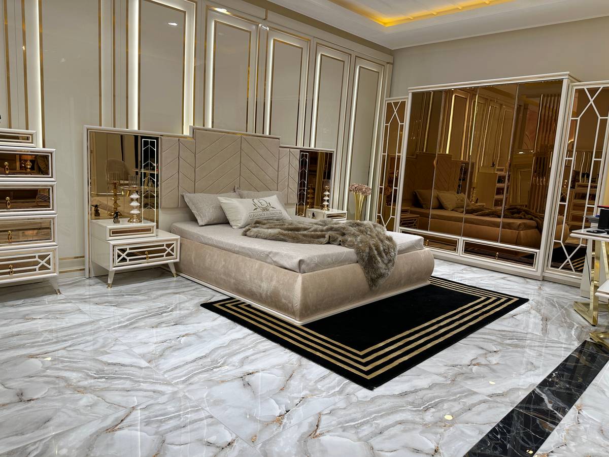 Elegant Velvet Upholstered Bed Set with Mirror Wardrobe