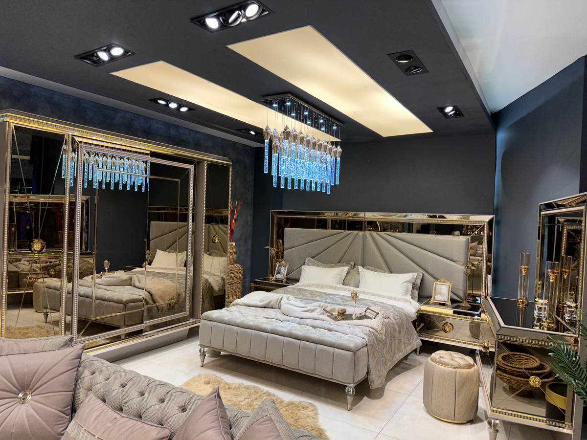 Luxurious Modern Bedroom Set with Mirror and Chandelier