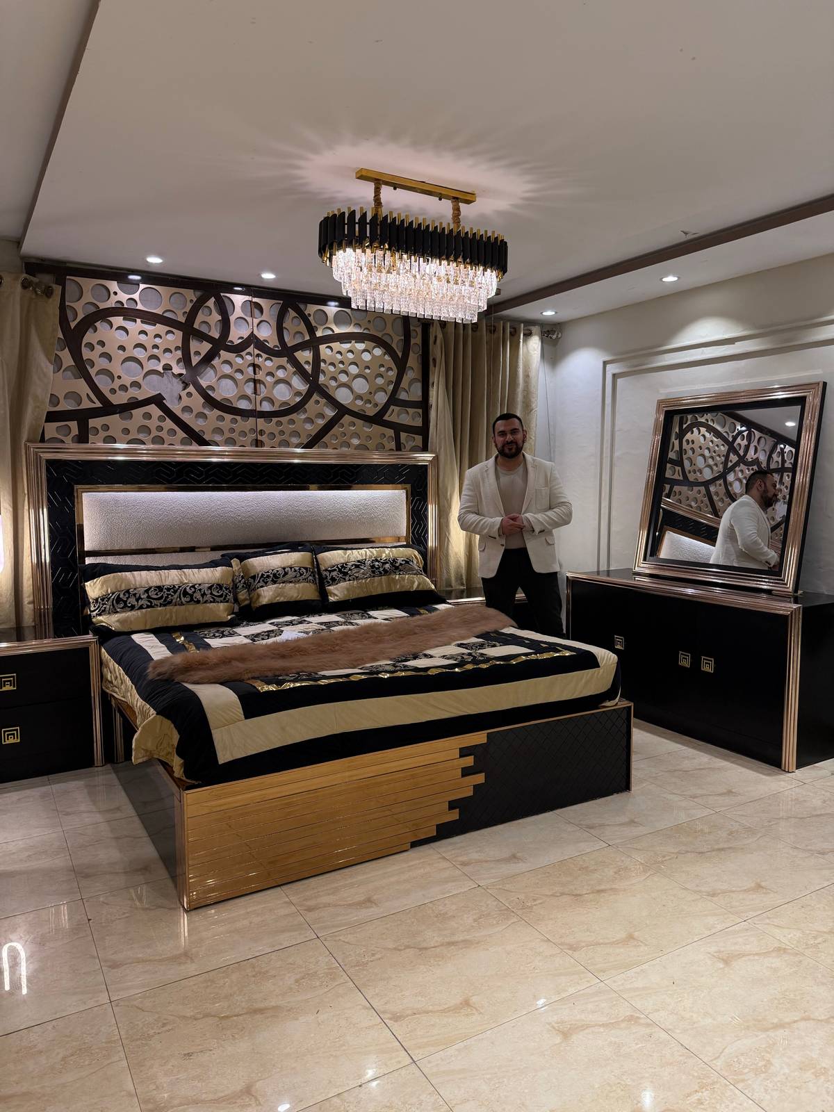 Luxury Gold and Black Upholstered Bed Set