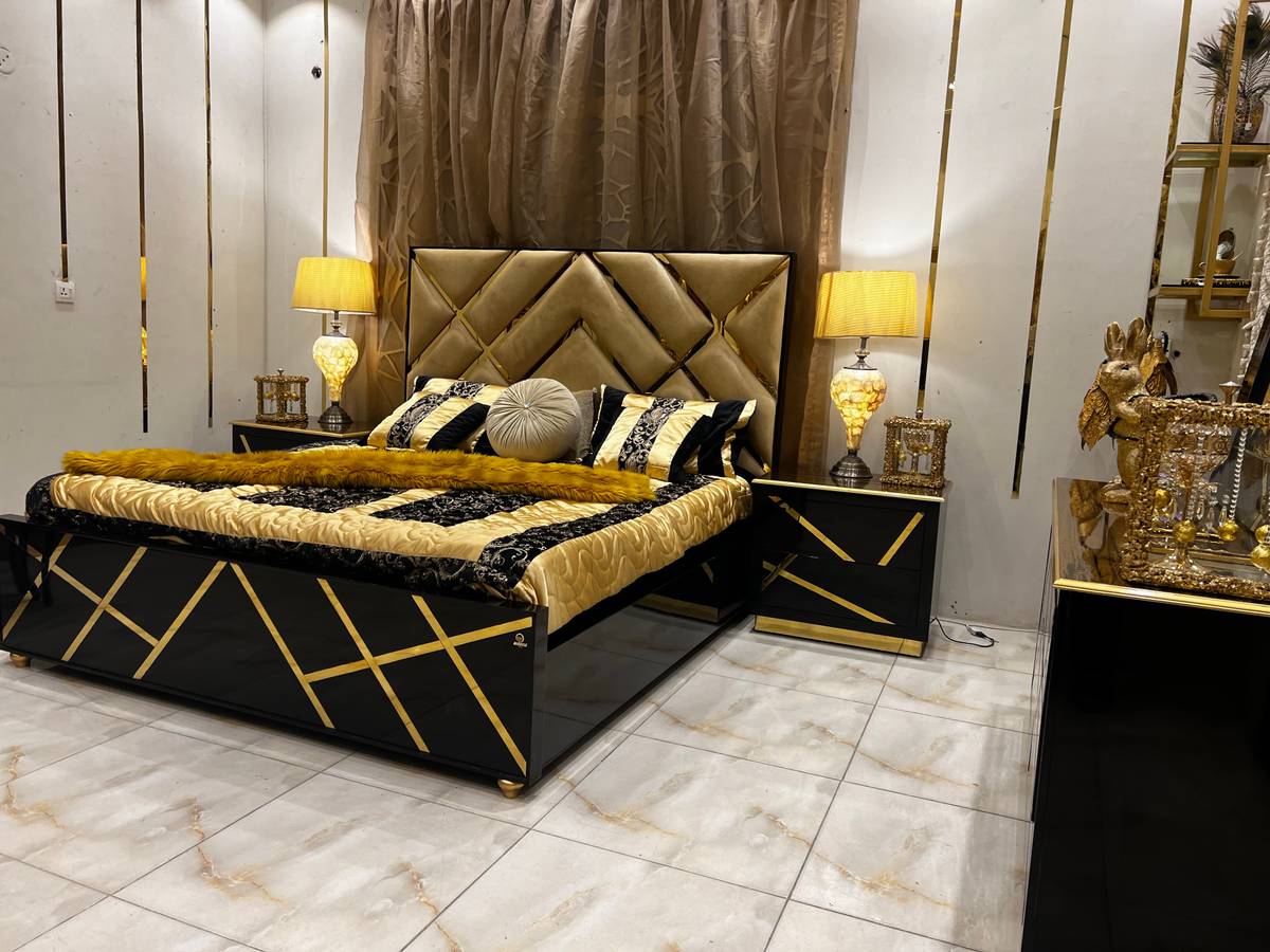 Luxury Black and Gold Upholstered Bed Set