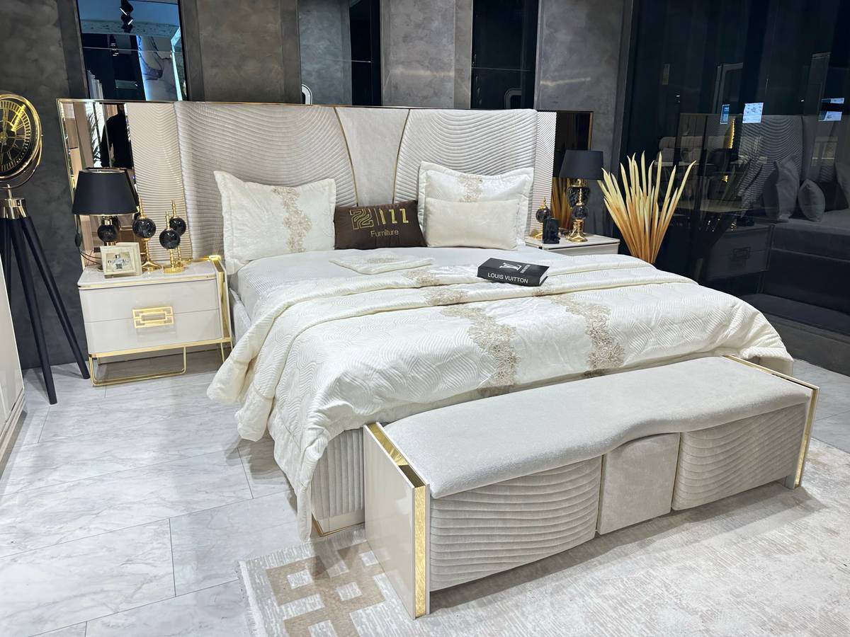 Elegant Gold-Trimmed Upholstered Bed Set