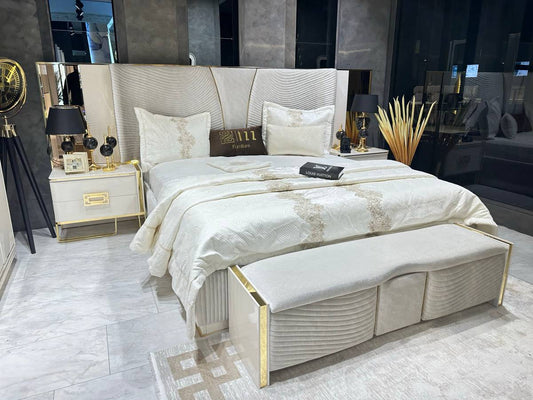 Elegant Gold-Trimmed Upholstered Bed Set