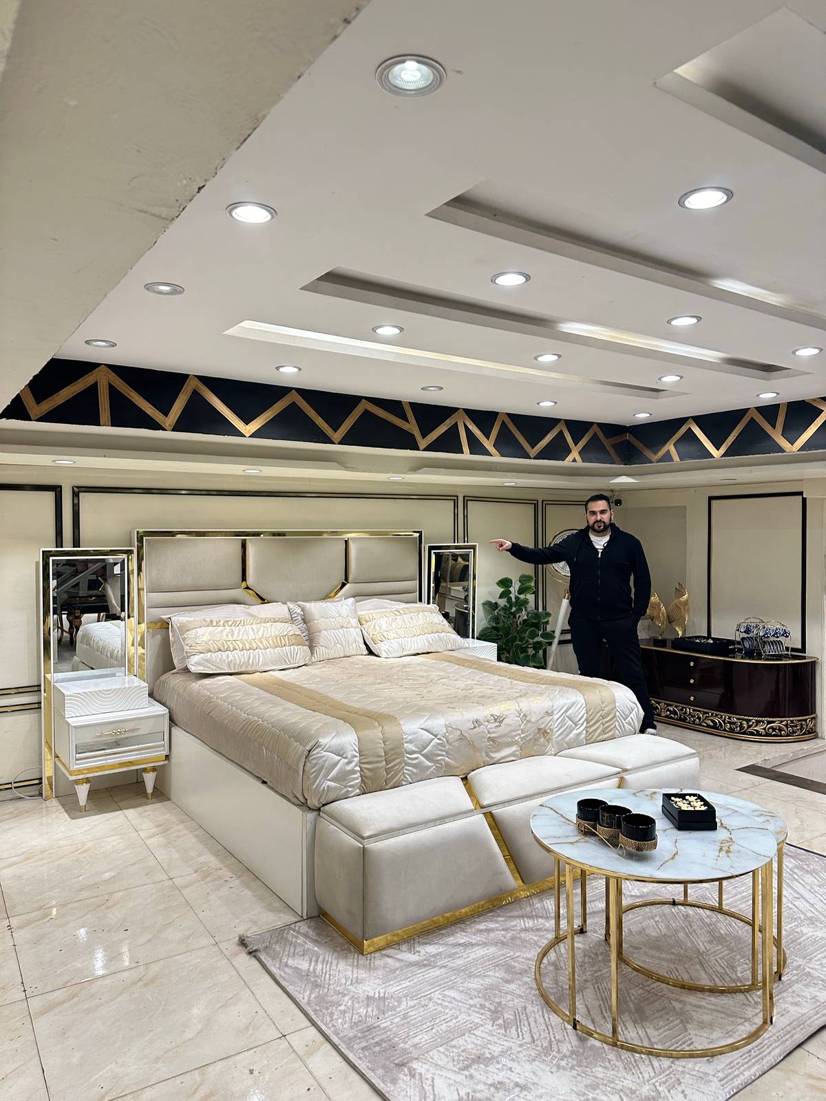 Luxurious Modern Upholstered Bed Set with Marble Side Table