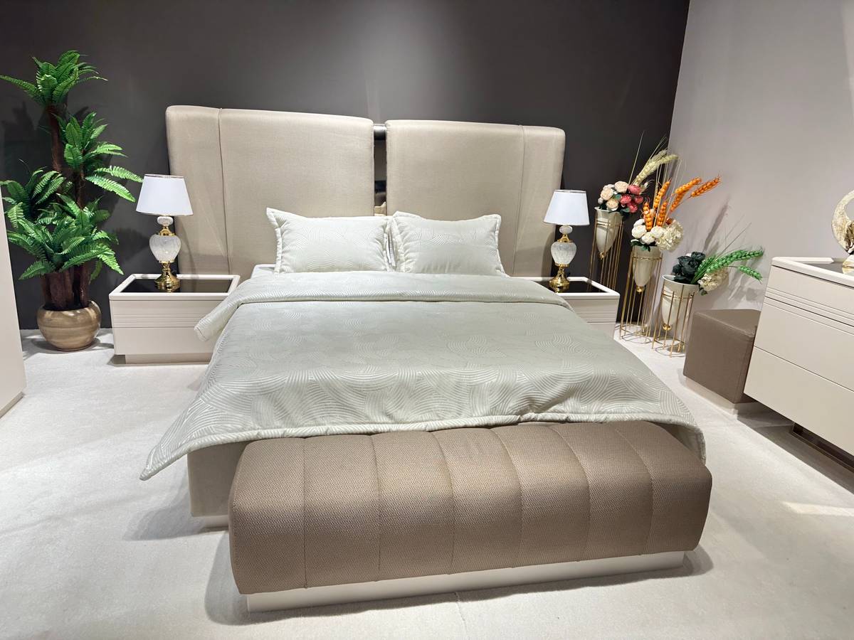 Modern Upholstered Bed with Stylish Bench and Nightstands