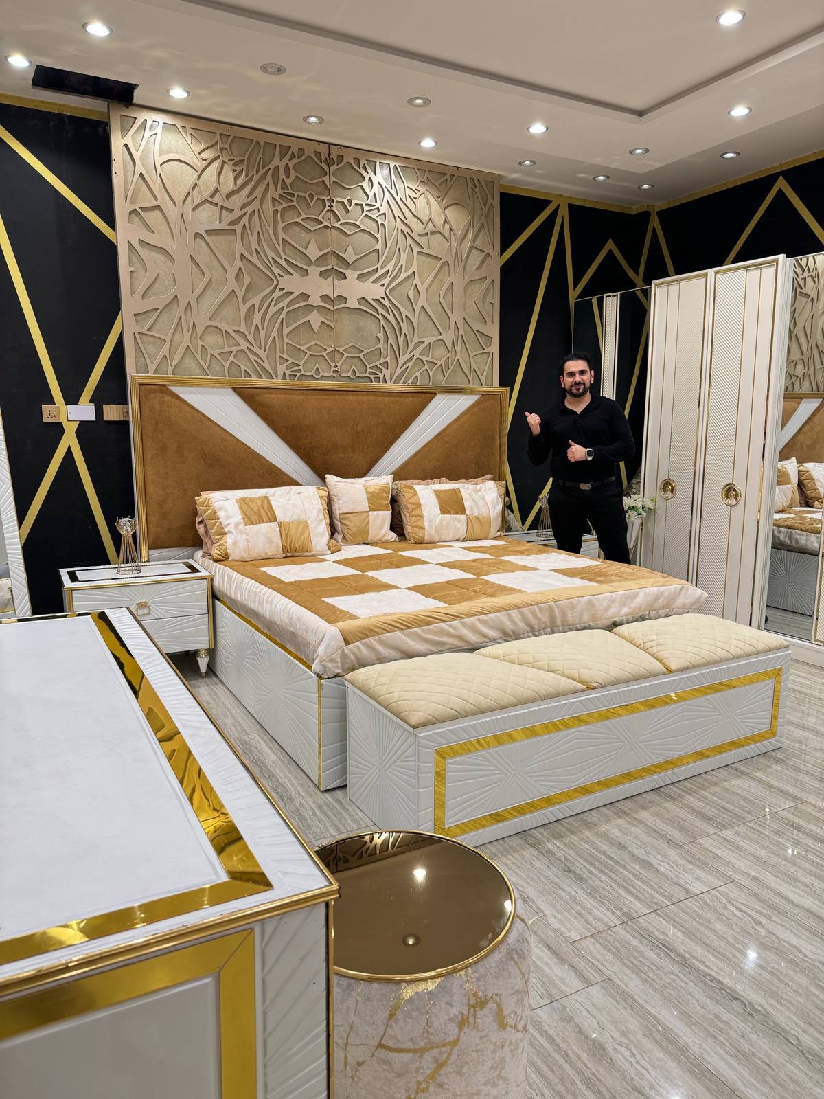 Luxury Modern Bedroom Set with Gold Accents