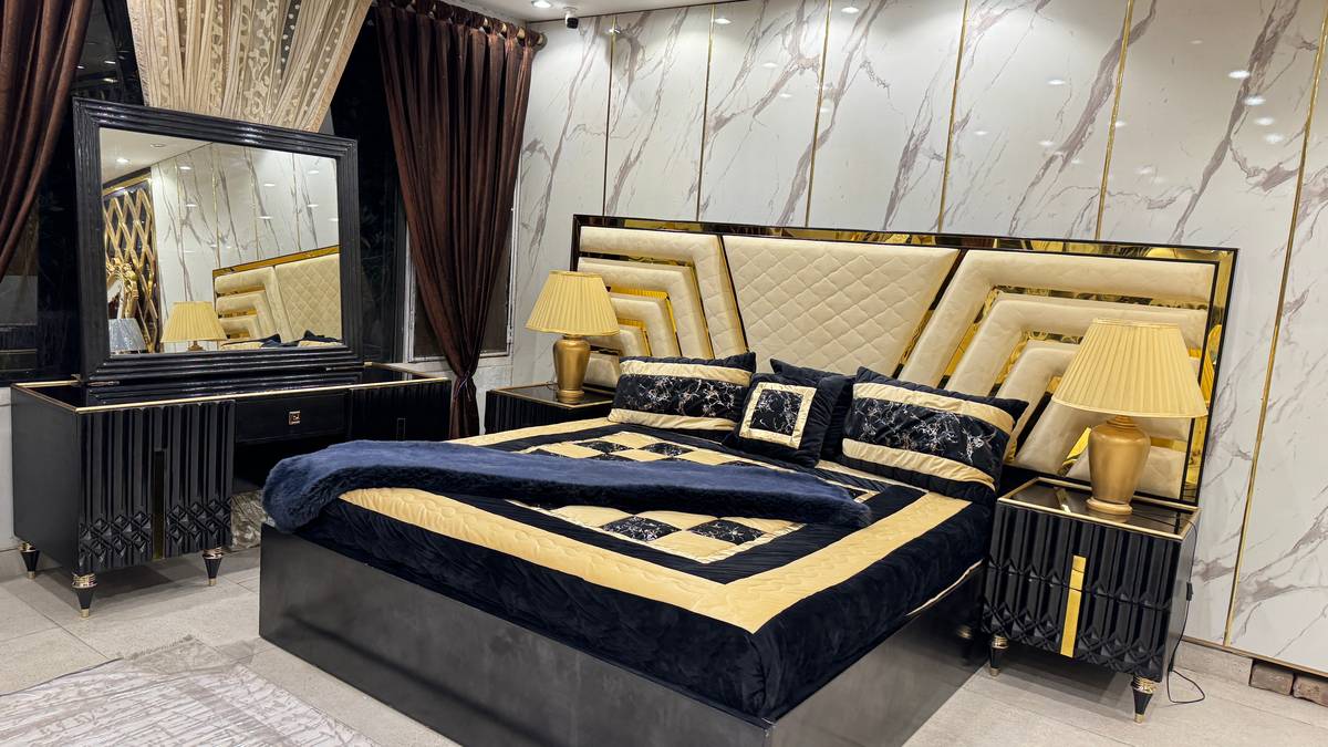 Luxury Black & Gold Bedroom Set with Mirror