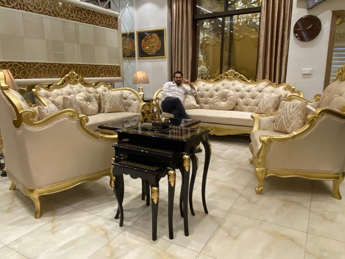 Elegant Gold-Trimmed Sofa Set with Glass Coffee Table