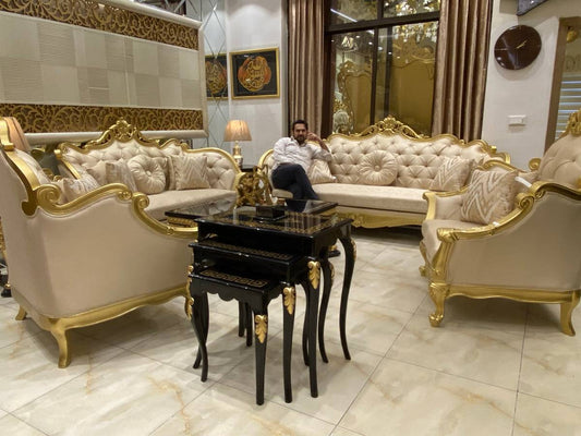 Elegant Gold-Trimmed Sofa Set with Glass Coffee Table