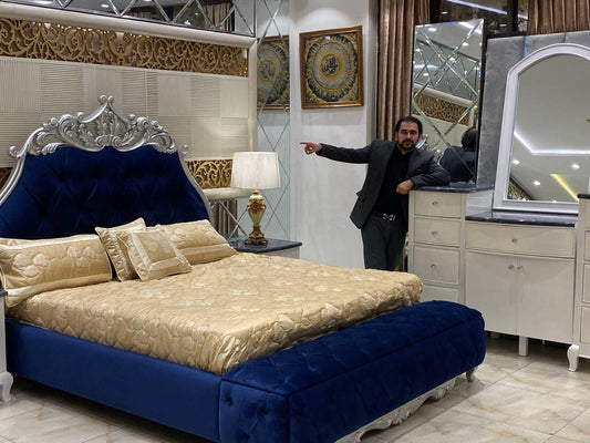 Elegant Blue Velvet King Size Bed with Mirrored Dresser