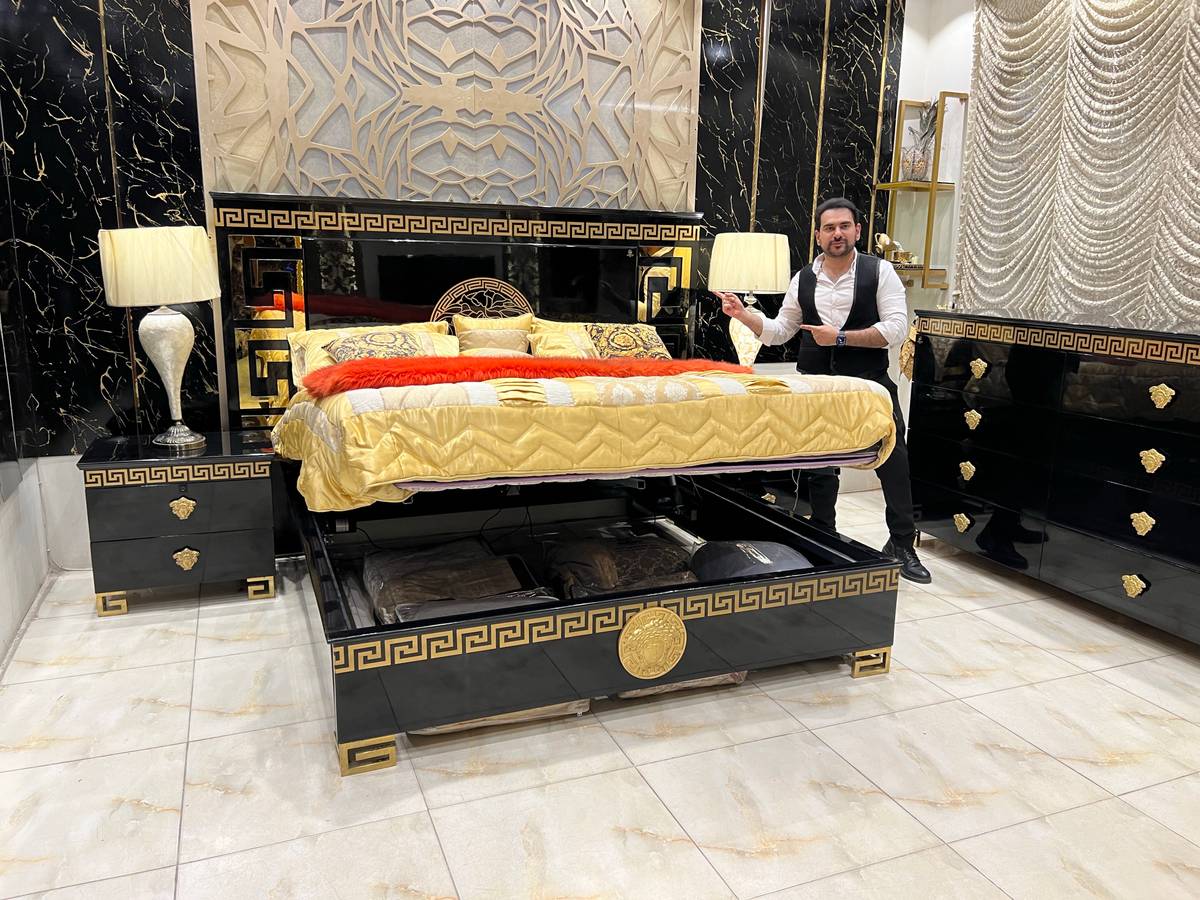 Elegant Modern Black and Gold Bed with Storage