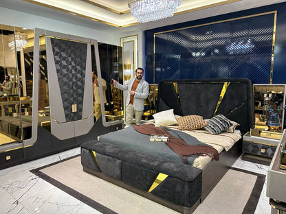 Luxury Modern Upholstered Bed Set with Mirrored Wardrobe