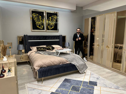 Luxurious Velvet Tufted Bed Set with Mirror Wardrobe