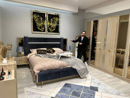 Luxurious Velvet Tufted Bed Set with Mirror Wardrobe