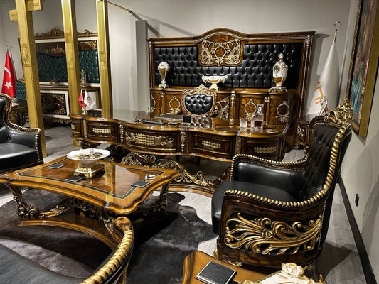Luxurious Antique Office Set with Black Leather and Gold Accents