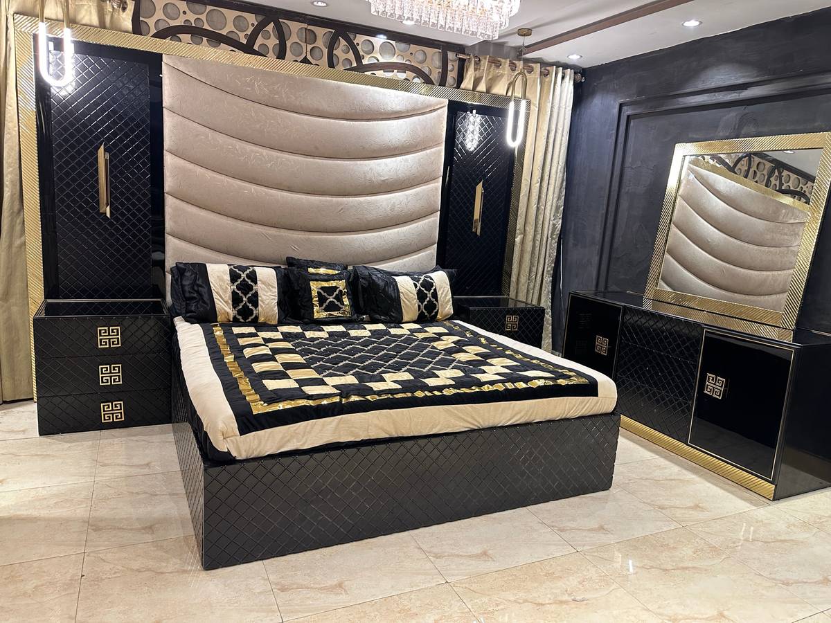 Luxury Black and Gold Upholstered Bed Set