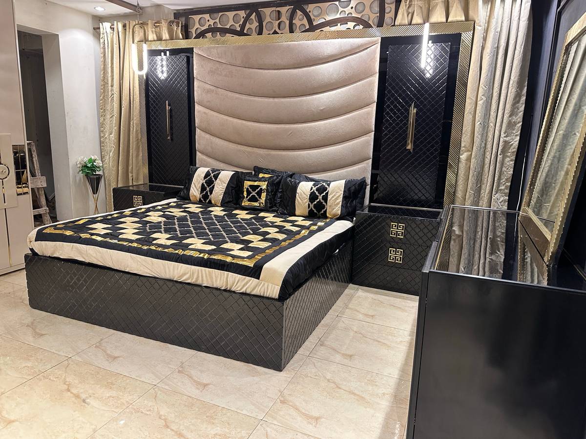 Luxury Black and Gold Upholstered Bed Set