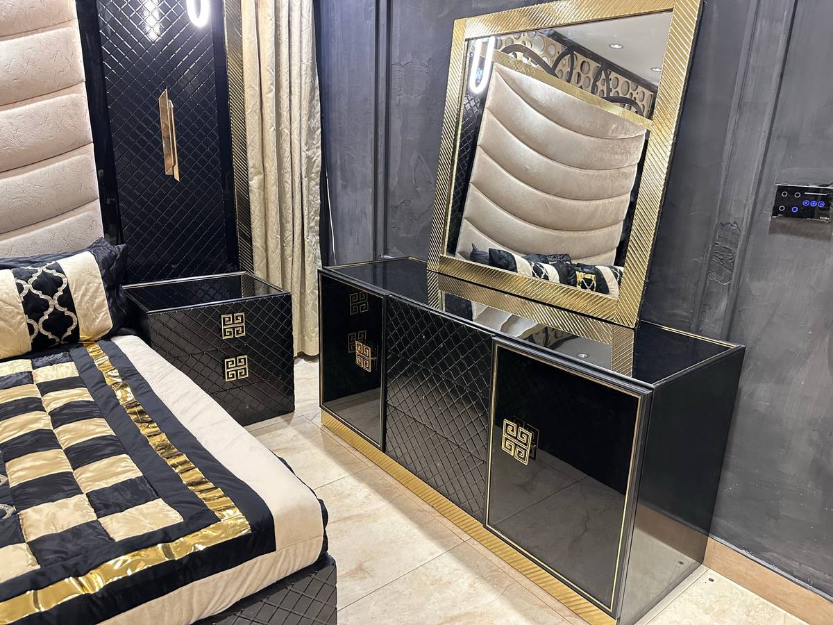 Luxury Black and Gold Upholstered Bed Set
