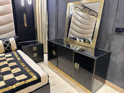 Luxury Black and Gold Upholstered Bed Set