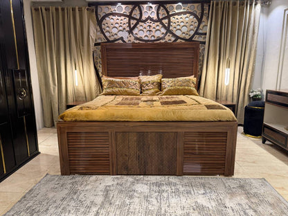 Elegant King Size Wooden Bed with Plush Bedding