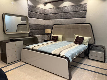 Modern Minimalist Bedroom Set with Bed, Nightstands, and Mirror