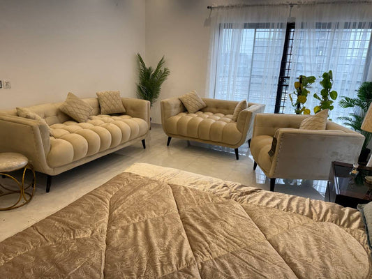 Elegant Beige Velvet Tufted Sofa Set