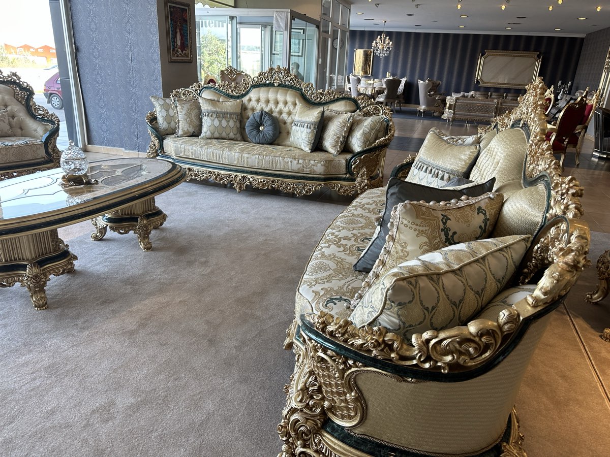 Luxury Ornate Sofa Set with Glass Coffee Table