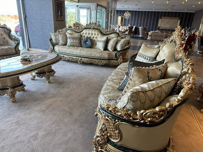 Luxury Ornate Sofa Set with Glass Coffee Table