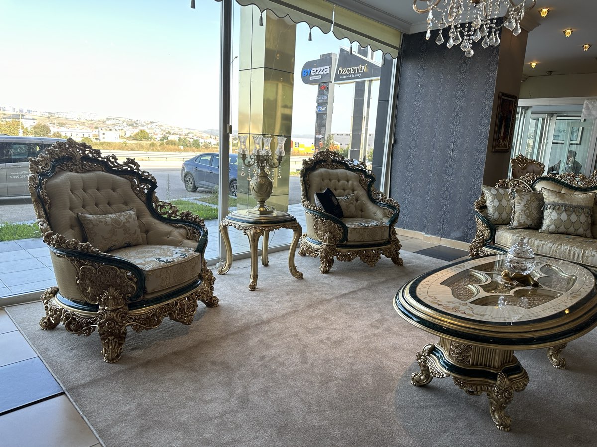 Luxury Ornate Sofa Set with Glass Coffee Table