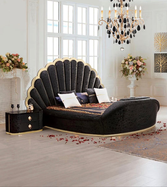 Luxurious Black Velvet Bed with Elegant Gold Accents