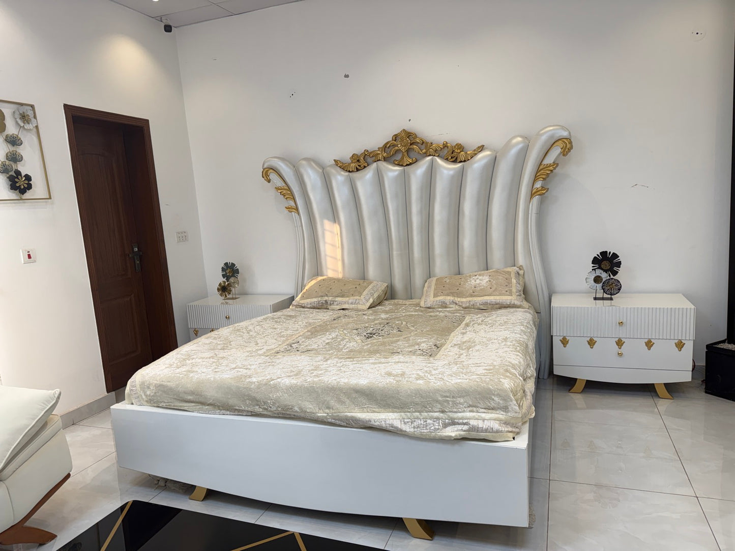 Luxury Gold & White Upholstered Bed Set