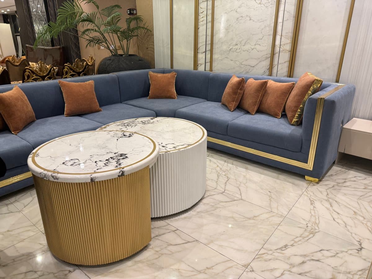 Luxurious Blue Velvet Sofa with Marble Accent Tables