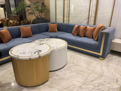 Luxurious Blue Velvet Sofa with Marble Accent Tables