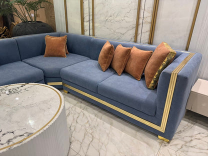 Luxurious Blue Velvet Sofa with Marble Accent Tables