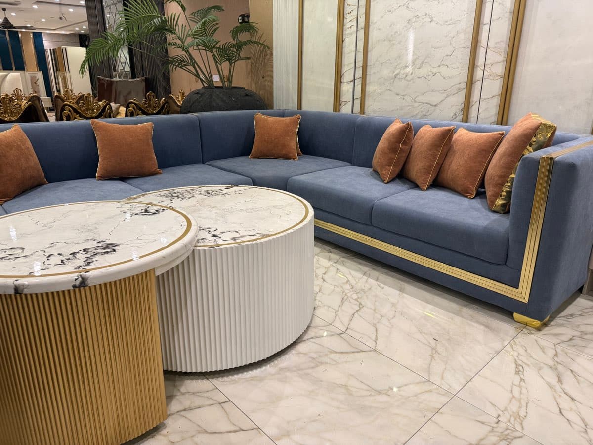 Luxurious Blue Velvet Sofa with Marble Accent Tables