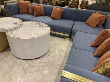 Luxurious Blue Velvet Sofa with Marble Accent Tables