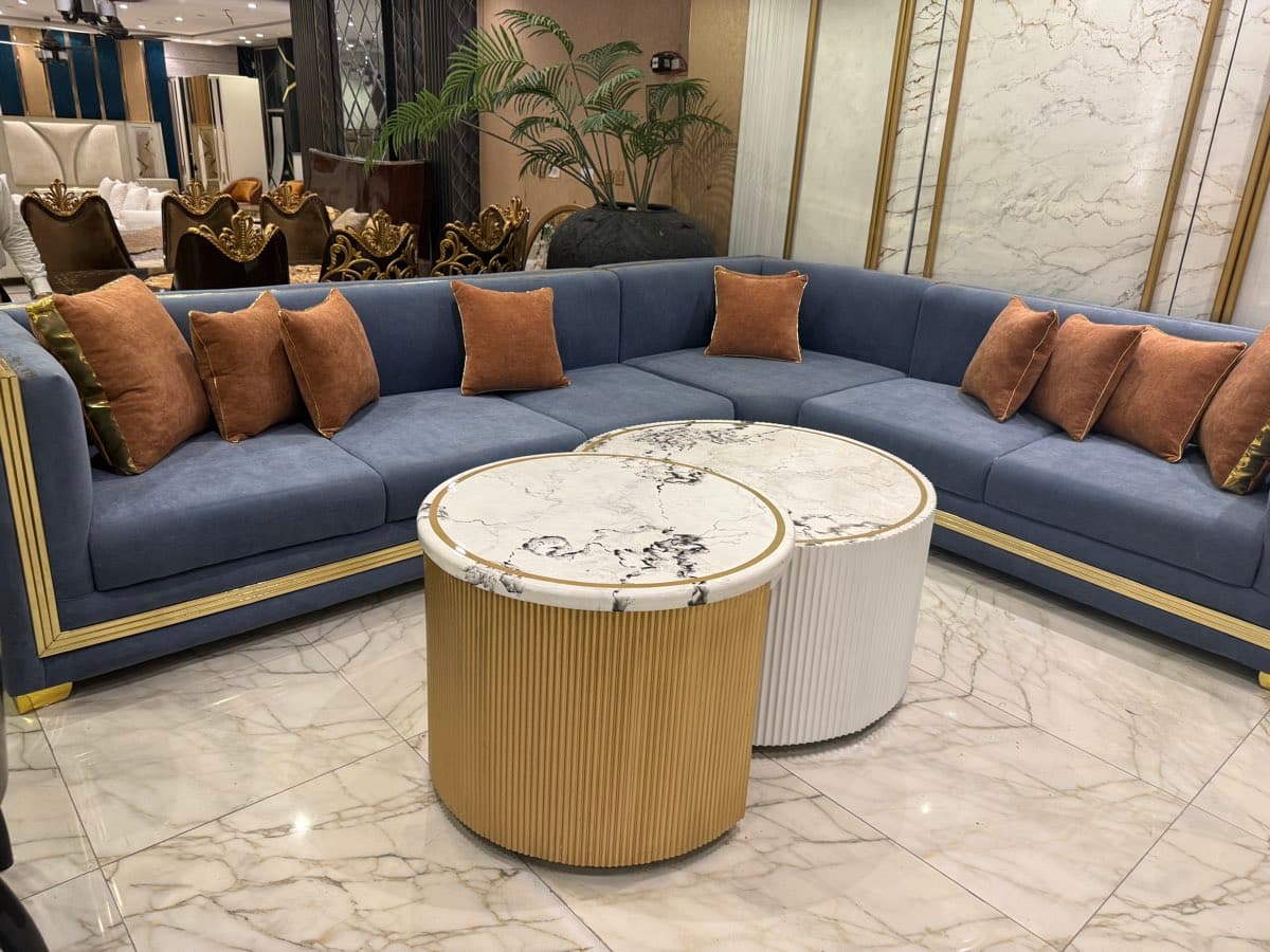 Luxurious Blue Velvet Sofa with Marble Accent Tables