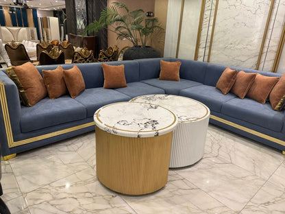 Luxurious Blue Velvet Sofa with Marble Accent Tables