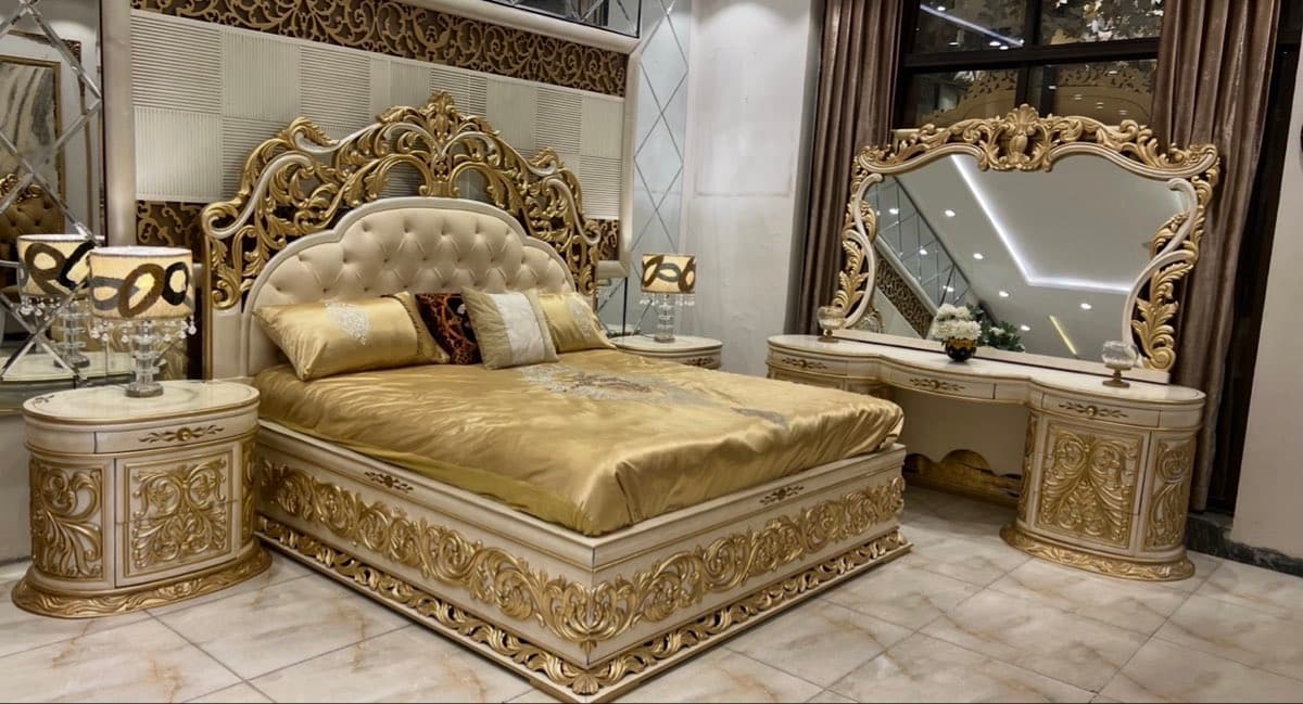 Luxurious Golden Bed Set with Mirror and Nightstands