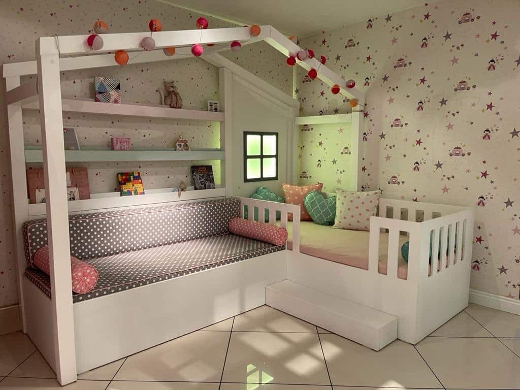 Charming Kids' House Bed with Shelves and Cushions