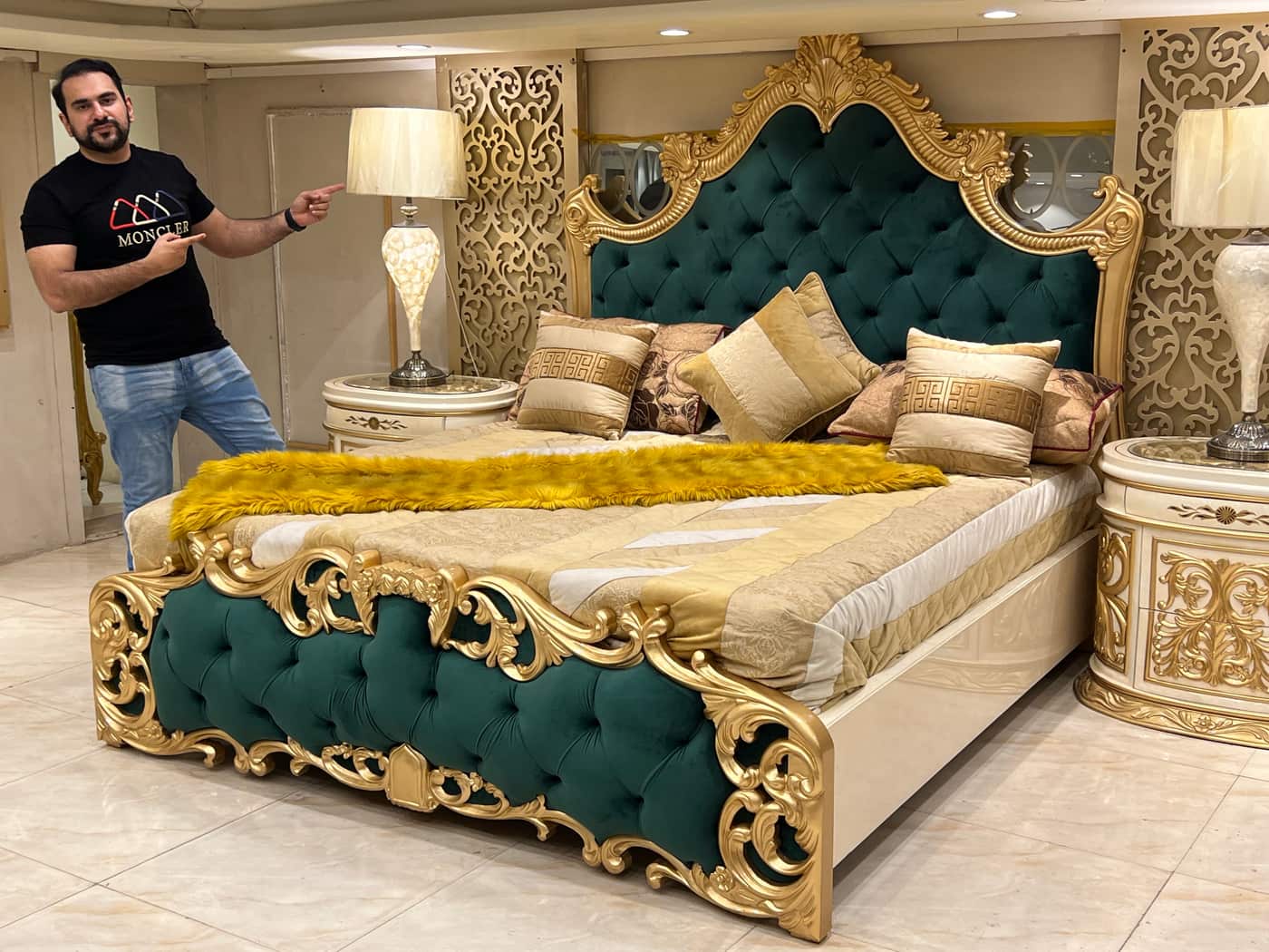 Luxury Gold and Green Upholstered King Bed