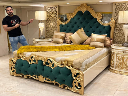Luxury Gold and Green Upholstered King Bed