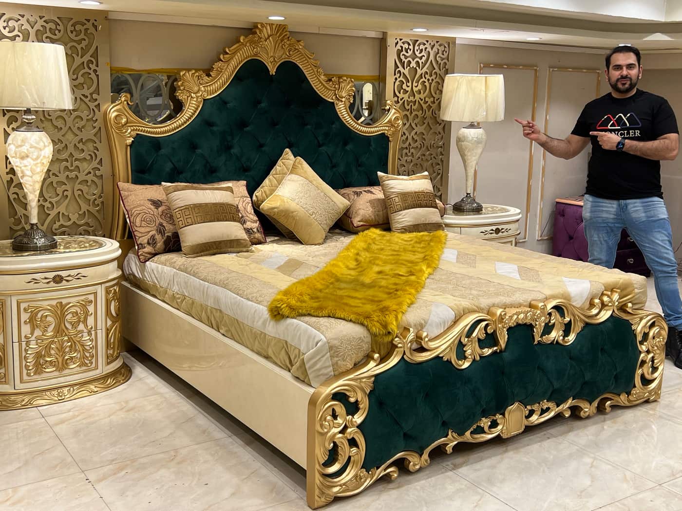 Luxury Gold and Green Upholstered King Bed